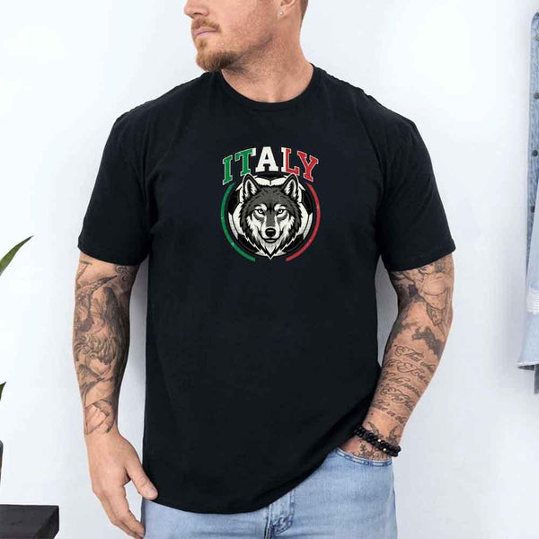 Man wearing black Italy soccer fan t-shirt with wolf emblem and Italian flag colors