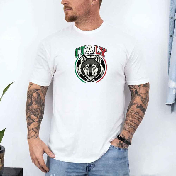 Man wearing a white Italy wolf graphic t-shirt with green, white, red accents