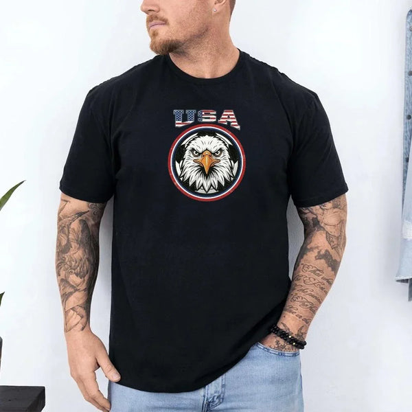 Man wearing black USA eagle graphic t-shirt, patriotic soccer fan apparel