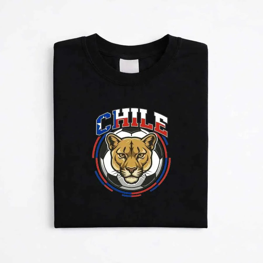 May include a person wearing a Black Chile 2026 World Cup Countries Animal Emblems T-Shirt featuring bold animal graphic and relaxed fit.