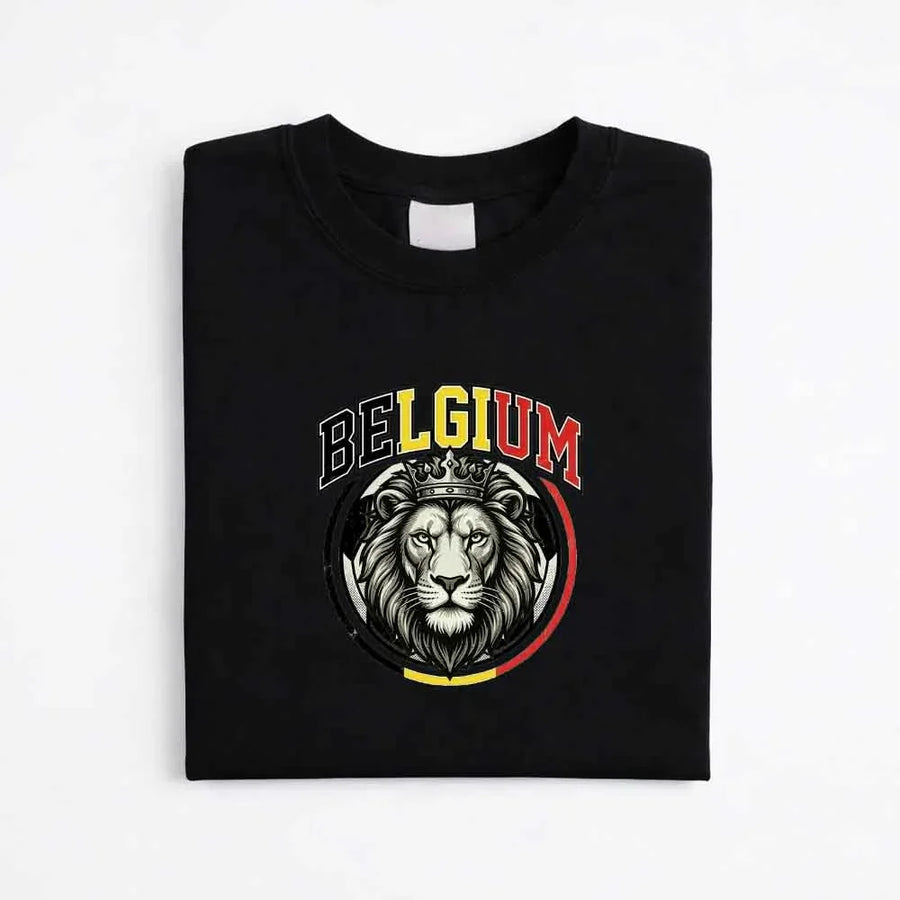 May include a person wearing a Black Belgium 2026 World Cup Countries Animal Emblems T-Shirt featuring bold animal graphic and relaxed fit.