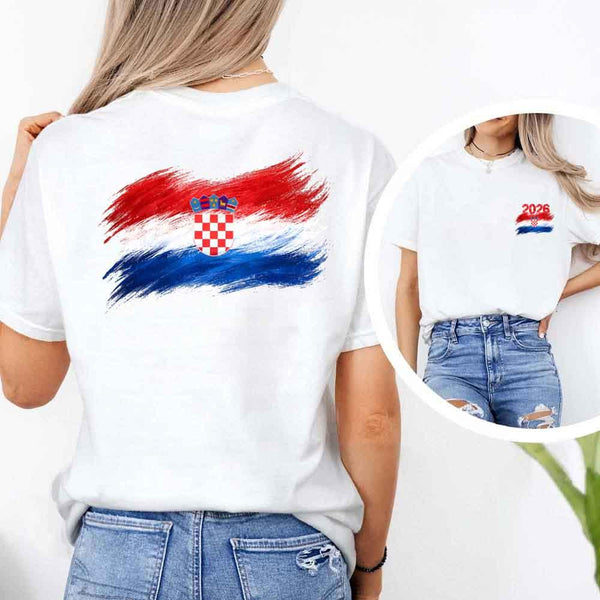 May include a person wearing a White Croatia 2026 World Cup "Countries" T-Shirt – Soccer Fan Graphic Tee featuring bold soccer countries graphic and relaxed fit.