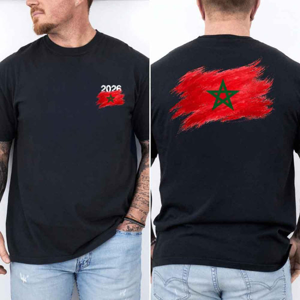 May include a person wearing a Black Morocco 2026 World Cup "Countries" T-Shirt – Soccer Fan Graphic Tee featuring bold soccer countries graphic and relaxed fit.