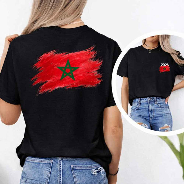 May include a person wearing a Black Morocco 2026 World Cup "Countries" T-Shirt – Soccer Fan Graphic Tee featuring bold soccer countries graphic and relaxed fit.