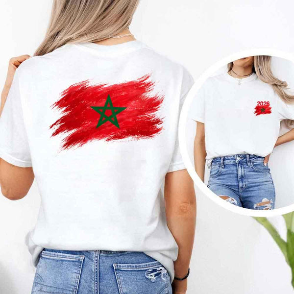 May include a person wearing a White Morocco 2026 World Cup "Countries" T-Shirt – Soccer Fan Graphic Tee featuring bold soccer countries graphic and relaxed fit.