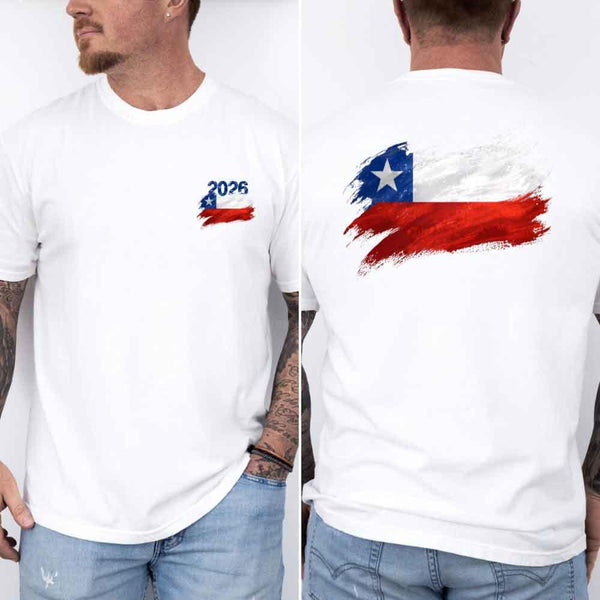 May include a person wearing a White Chile 2026 World Cup "Countries" T-Shirt – Soccer Fan Graphic Tee featuring bold soccer countries graphic and relaxed fit.