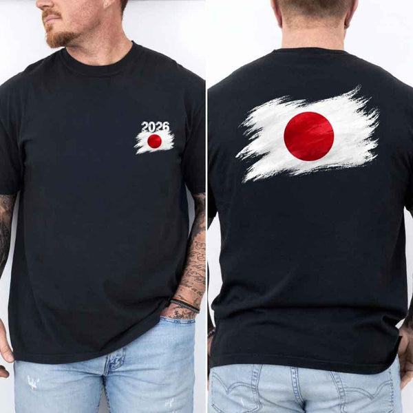 May include a person wearing a Black Japan 2026 World Cup "Countries" T-Shirt – Soccer Fan Graphic Tee featuring bold soccer countries graphic and relaxed fit.