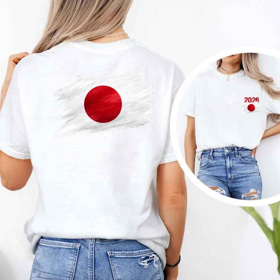 May include a person wearing a White Japan 2026 World Cup "Countries" T-Shirt – Soccer Fan Graphic Tee featuring bold soccer countries graphic and relaxed fit.