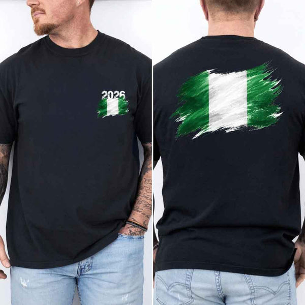 May include a person wearing a Black Nigeria 2026 World Cup "Countries" T-Shirt – Soccer Fan Graphic Tee featuring bold soccer countries graphic and relaxed fit.