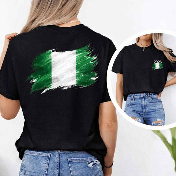 May include a person wearing a Black Nigeria 2026 World Cup "Countries" T-Shirt – Soccer Fan Graphic Tee featuring bold soccer countries graphic and relaxed fit.