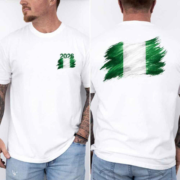 May include a person wearing a White Nigeria 2026 World Cup "Countries" T-Shirt – Soccer Fan Graphic Tee featuring bold soccer countries graphic and relaxed fit.