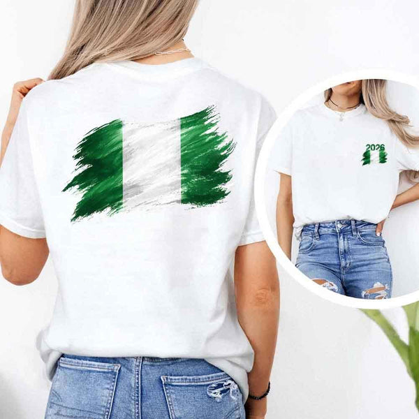 May include a person wearing a White Nigeria 2026 World Cup "Countries" T-Shirt – Soccer Fan Graphic Tee featuring bold soccer countries graphic and relaxed fit.