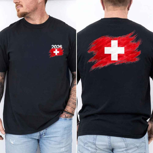 May include a person wearing a Black  Switzerland 2026 World Cup "Countries" T-Shirt – Soccer Fan Graphic Tee featuring bold soccer countries graphic and relaxed fit.