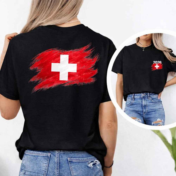 May include a person wearing a Black Switzerland 2026 World Cup "Countries" T-Shirt – Soccer Fan Graphic Tee featuring bold soccer countries graphic and relaxed fit.