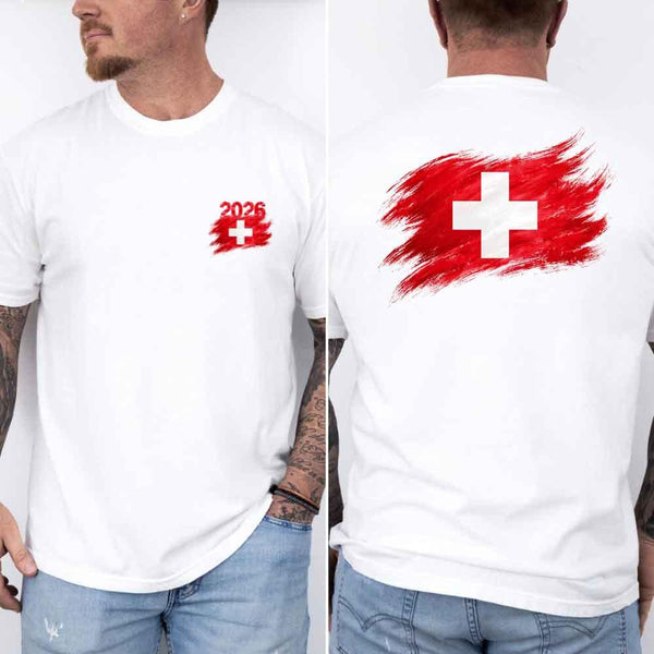 May include a person wearing a White Switzerland  2026 World Cup "Countries" T-Shirt – Soccer Fan Graphic Tee featuring bold soccer countries graphic and relaxed fit.