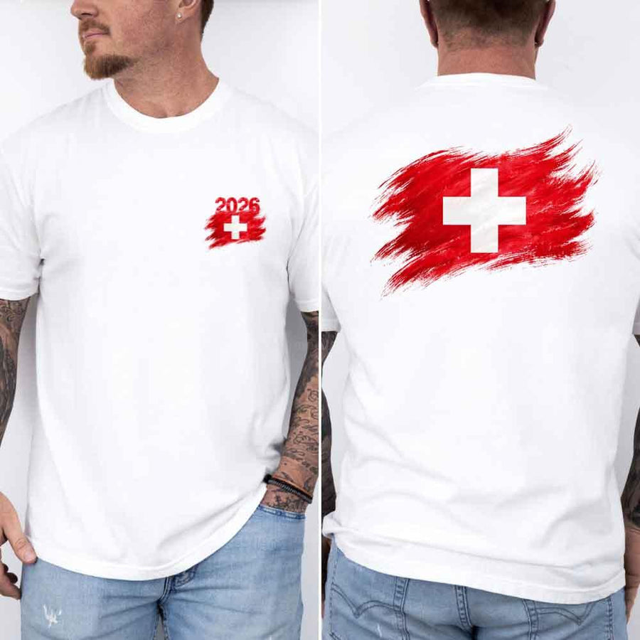 May include a person wearing a White Switzerland  2026 World Cup "Countries" T-Shirt – Soccer Fan Graphic Tee featuring bold soccer countries graphic and relaxed fit.