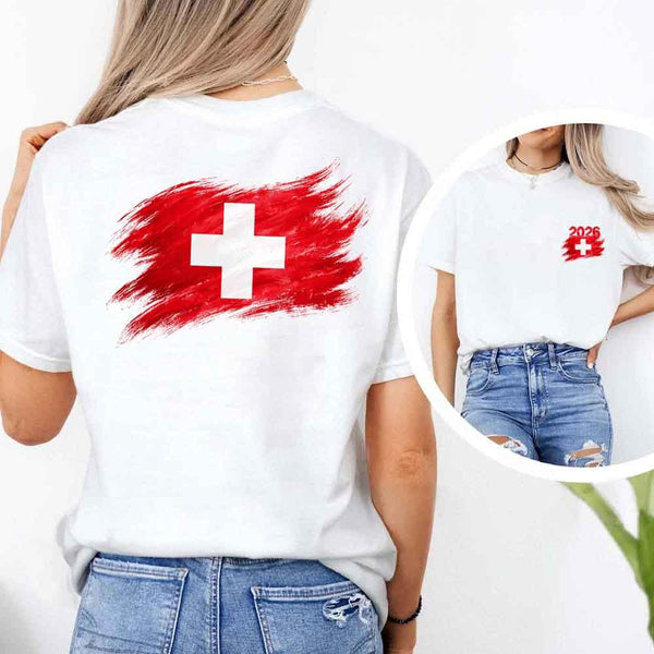 May include a person wearing a White Switzerland 2026 World Cup "Countries" T-Shirt – Soccer Fan Graphic Tee featuring bold soccer countries graphic and relaxed fit.