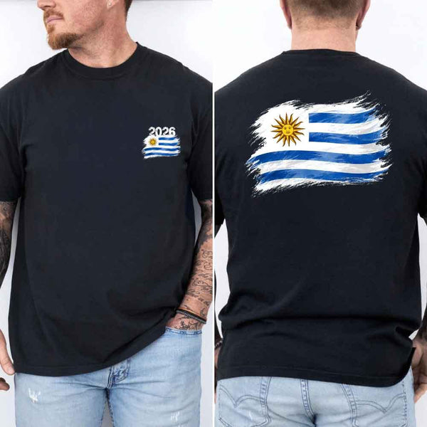 May include a person wearing a Black  Uruguay 2026 World Cup "Countries" T-Shirt – Soccer Fan Graphic Tee featuring bold soccer countries graphic and relaxed fit.