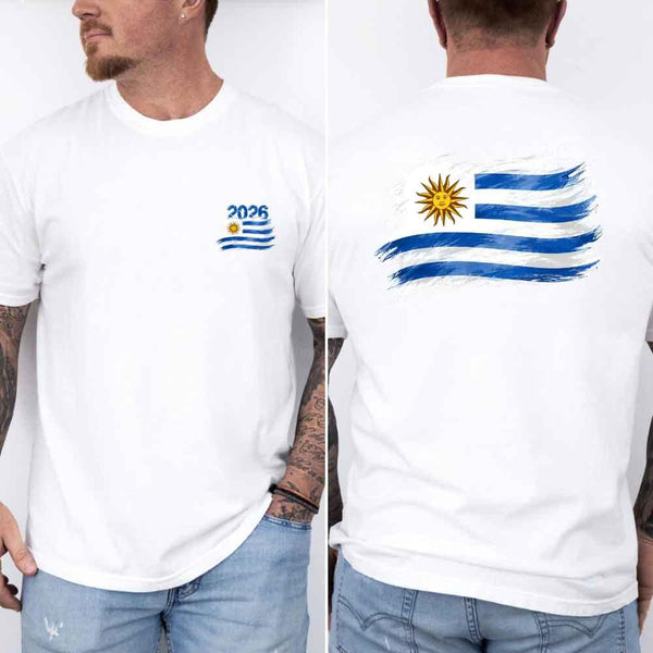 May include a person wearing a White Uruguay 2026 World Cup "Countries" T-Shirt – Soccer Fan Graphic Tee featuring bold soccer countries graphic and relaxed fit.