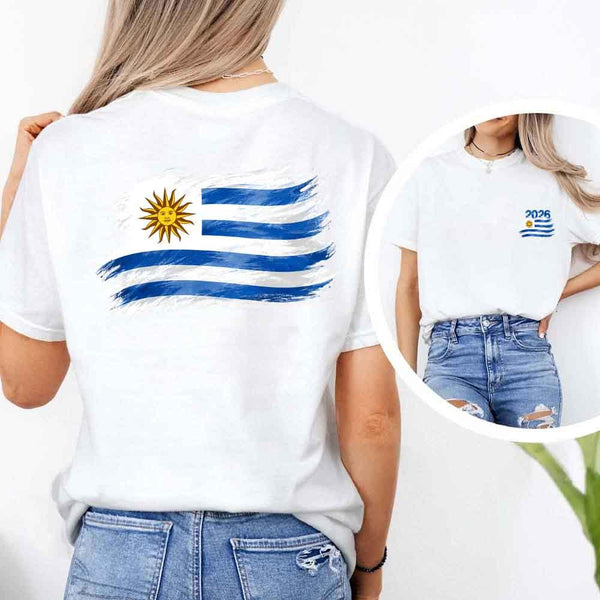 May include a person wearing a White Uruguay 2026 World Cup "Countries" T-Shirt – Soccer Fan Graphic Tee featuring bold soccer countries graphic and relaxed fit.