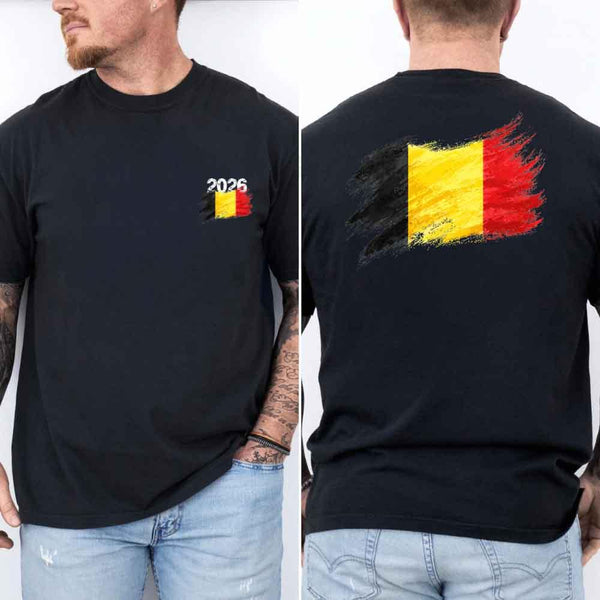 May include a person wearing a Black  Belgium 2026 World Cup "Countries" T-Shirt – Soccer Fan Graphic Tee featuring bold soccer countries graphic and relaxed fit.
