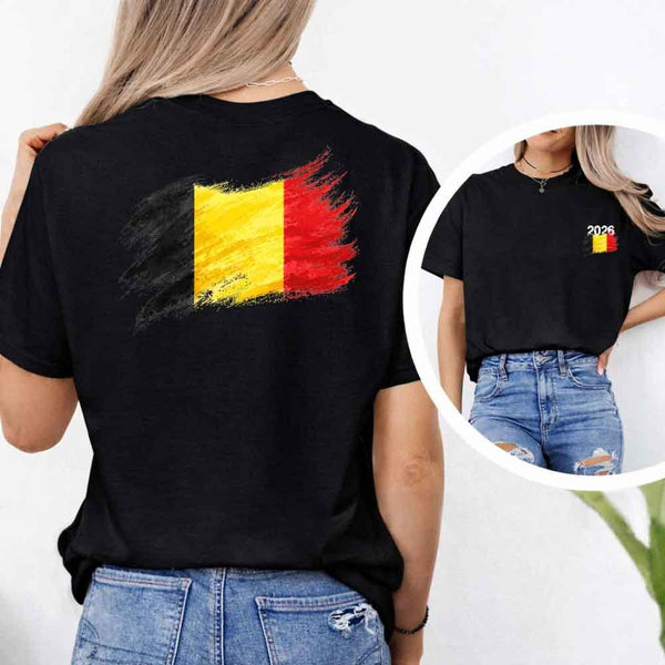 May include a person wearing a Black Belgium 2026 World Cup "Countries" T-Shirt – Soccer Fan Graphic Tee featuring bold soccer countries graphic and relaxed fit.