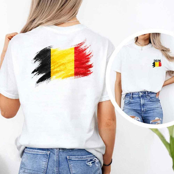 May include a person wearing a White Belgium 2026 World Cup "Countries" T-Shirt – Soccer Fan Graphic Tee featuring bold soccer countries graphic and relaxed fit.