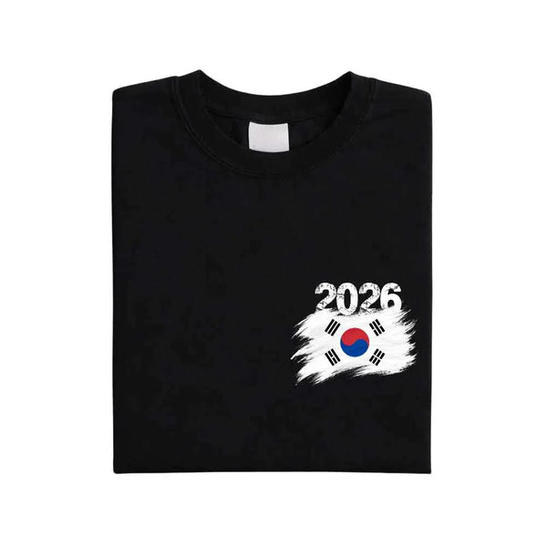 May include a person wearing a Black South Korea 2026 World Cup "Countries" T-Shirt – Soccer Fan Graphic Tee featuring bold soccer countries graphic and relaxed fit.