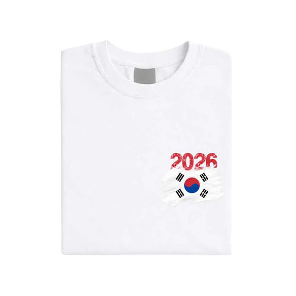 May include a person wearing a White South Korea 2026 World Cup "Countries" T-Shirt – Soccer Fan Graphic Tee featuring bold soccer countries graphic and relaxed fit.