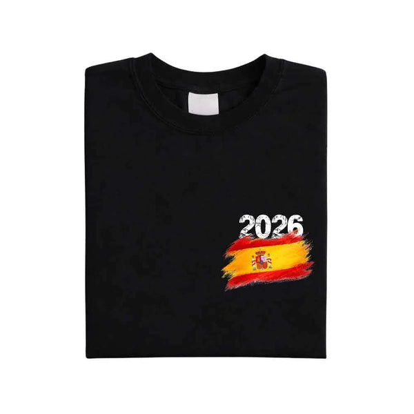 May include a person wearing a Black  Spain 2026 World Cup "Countries" T-Shirt – Soccer Fan Graphic Tee featuring bold soccer countries graphic and relaxed fit.