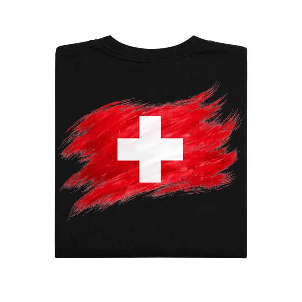 May include a person wearing a Black  Switzerland 2026 World Cup "Countries" T-Shirt – Soccer Fan Graphic Tee featuring bold soccer countries graphic and relaxed fit.