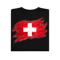 May include a person wearing a Black  Switzerland 2026 World Cup "Countries" T-Shirt – Soccer Fan Graphic Tee featuring bold soccer countries graphic and relaxed fit.