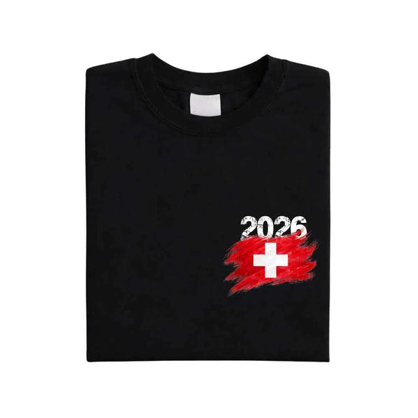 May include a person wearing a Black Switzerland 2026 World Cup "Countries" T-Shirt – Soccer Fan Graphic Tee featuring bold soccer countries graphic and relaxed fit.