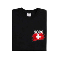 May include a person wearing a Black Switzerland 2026 World Cup "Countries" T-Shirt – Soccer Fan Graphic Tee featuring bold soccer countries graphic and relaxed fit.