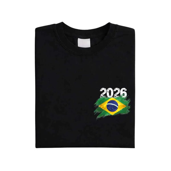May include a person wearing a Black  Brazil 2026 World Cup "Countries" T-Shirt – Soccer Fan Graphic Tee featuring bold soccer countries graphic and relaxed fit.