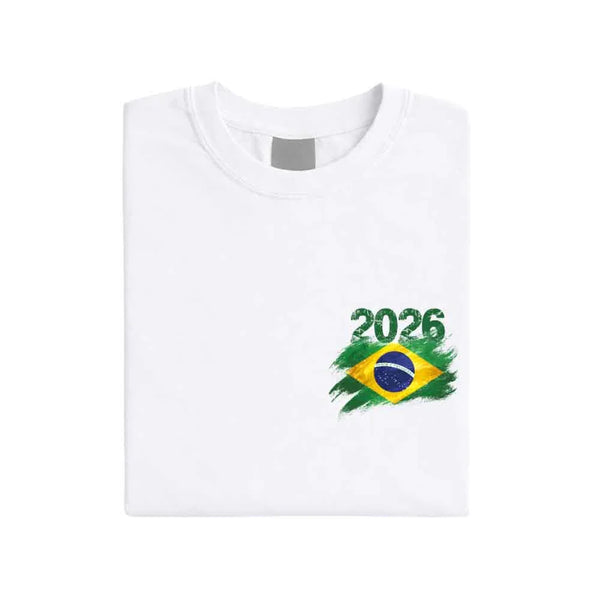 May include a person wearing a White Brazil 2026 World Cup "Countries" T-Shirt – Soccer Fan Graphic Tee featuring bold soccer countries graphic and relaxed fit.