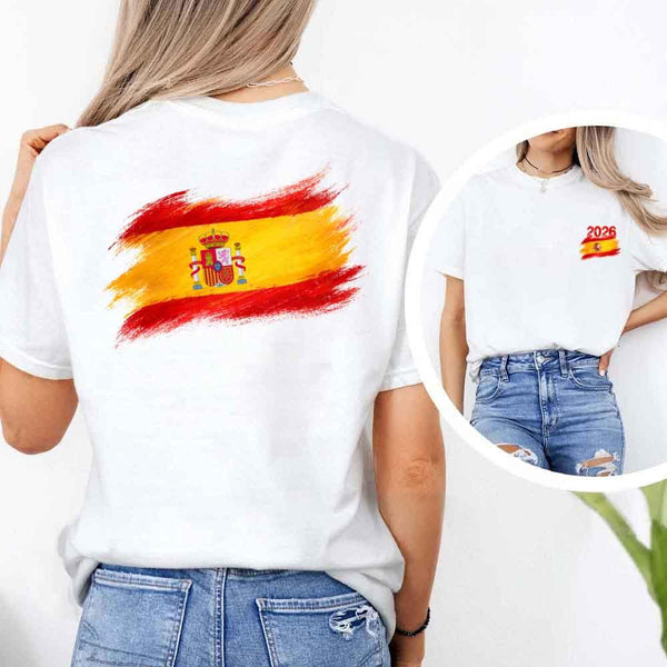 May include a person wearing a white Spain 2026 World Cup "Countries" T-Shirt – Soccer Fan Graphic Tee featuring bold soccer countries graphic and relaxed fit.