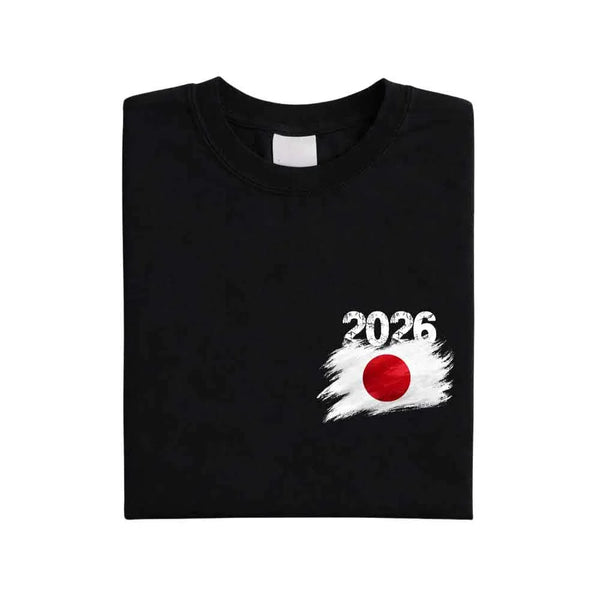 May include a person wearing a Black  Japan 2026 World Cup "Countries" T-Shirt – Soccer Fan Graphic Tee featuring bold soccer countries graphic and relaxed fit.