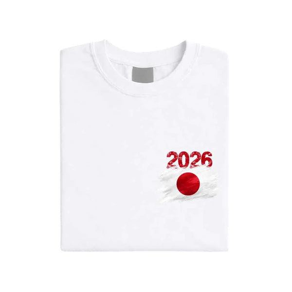 May include a person wearing a White Japan 2026 World Cup "Countries" T-Shirt – Soccer Fan Graphic Tee featuring bold soccer countries graphic and relaxed fit.
