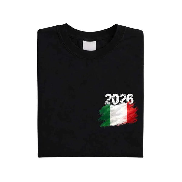 May include a person wearing a Black Italy 2026 World Cup "Countries" T-Shirt – Soccer Fan Graphic Tee featuring bold soccer countries graphic and relaxed fit.
