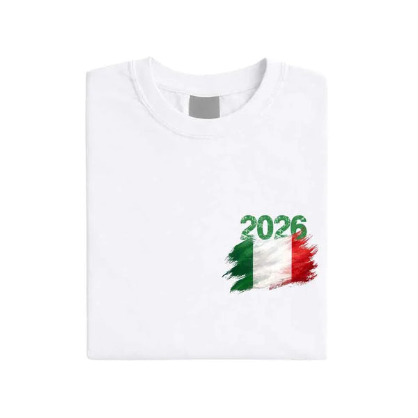 May include a person wearing a White Italy 2026 World Cup "Countries" T-Shirt – Soccer Fan Graphic Tee featuring bold soccer countries graphic and relaxed fit.