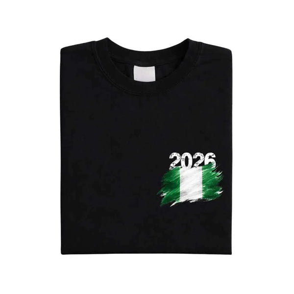 May include a person wearing a Black  Nigeria 2026 World Cup "Countries" T-Shirt – Soccer Fan Graphic Tee featuring bold soccer countries graphic and relaxed fit.