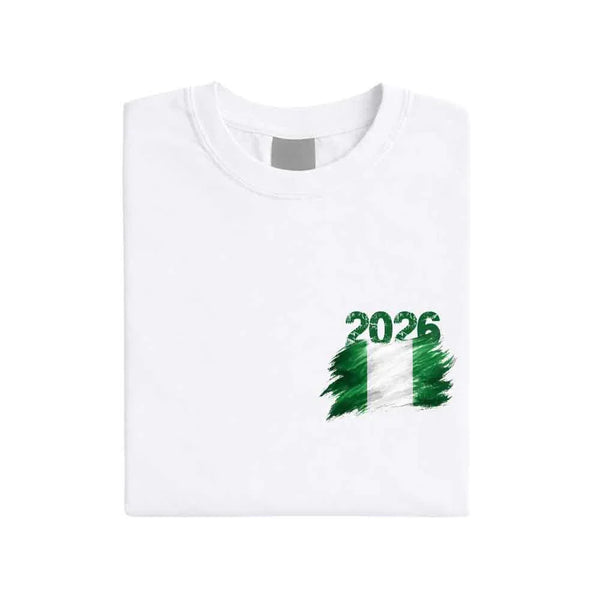 May include a person wearing a White Nigeria 2026 World Cup "Countries" T-Shirt – Soccer Fan Graphic Tee featuring bold soccer countries graphic and relaxed fit.