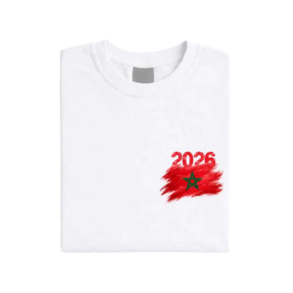 May include a person wearing a White Morocco 2026 World Cup "Countries" T-Shirt – Soccer Fan Graphic Tee featuring bold soccer countries graphic and relaxed fit.