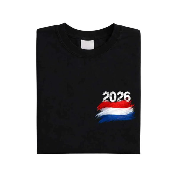 May include a person wearing a Black Netherlands 2026 World Cup "Countries" T-Shirt – Soccer Fan Graphic Tee featuring bold soccer countries graphic and relaxed fit.