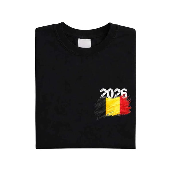 May include a person wearing a Black  Belgium 2026 World Cup "Countries" T-Shirt – Soccer Fan Graphic Tee featuring bold soccer countries graphic and relaxed fit.