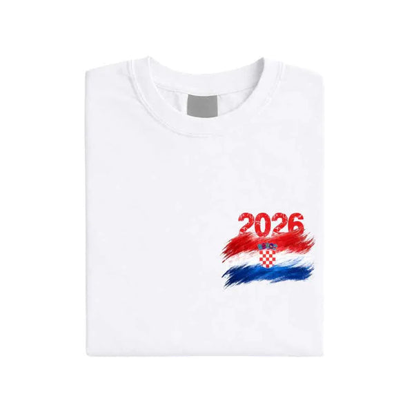 May include a person wearing a White Croatia 2026 World Cup "Countries" T-Shirt – Soccer Fan Graphic Tee featuring bold soccer countries graphic and relaxed fit.