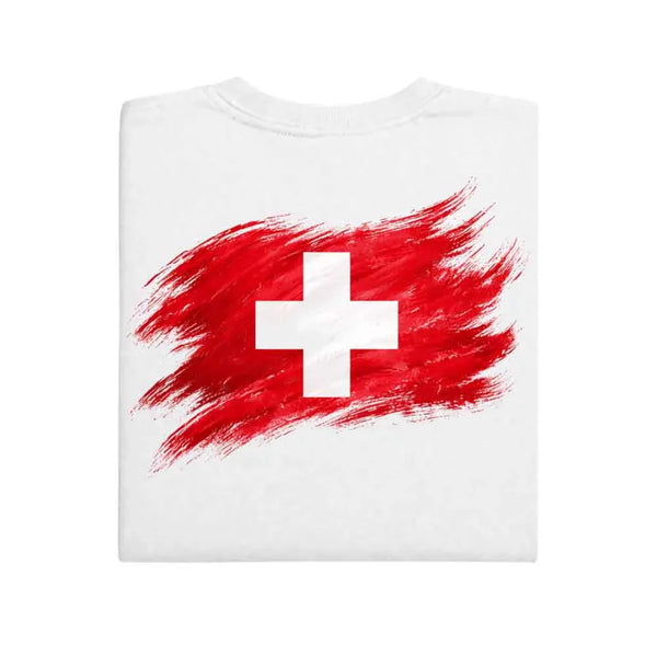 May include a person wearing a White Switzerland 2026 World Cup "Countries" T-Shirt – Soccer Fan Graphic Tee featuring bold soccer countries graphic and relaxed fit.
