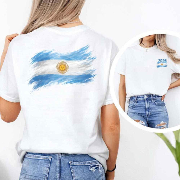 May include a person wearing a white  Argentina 2026 World Cup "Countries" T-Shirt – Soccer Fan Graphic Tee featuring bold soccer countries graphic and relaxed fit.
