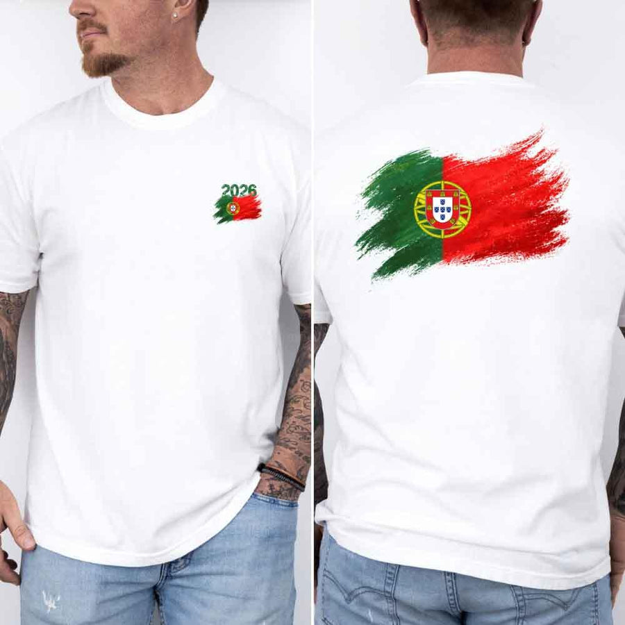 May include a person wearing a White Portugal 2026 World Cup "Countries" T-Shirt – Soccer Fan Graphic Tee featuring bold soccer countries graphic and relaxed fit.